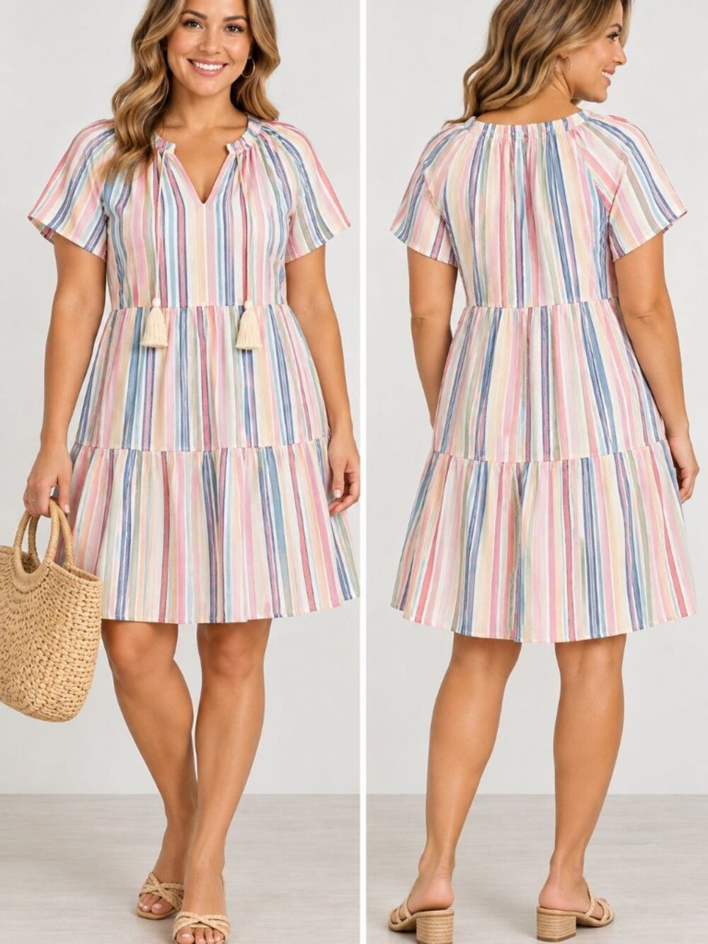 Style & Co Stripe Cotton Tiered Dress XL Boho Coastal Vacation Casual